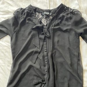 Forever21, Black Long sleeve Mesh Blouse with button down and bow detail, Size S